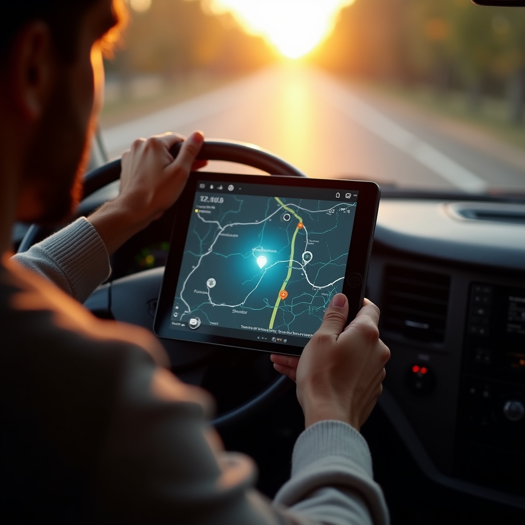 Řidič se dívá na navigaci s trasou na tabletu uvnitř kabiny dodávky
